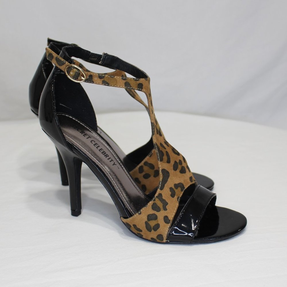 Secret Celebrity Faux Suede Open-Toe Leopard Print Stilettos Size 8